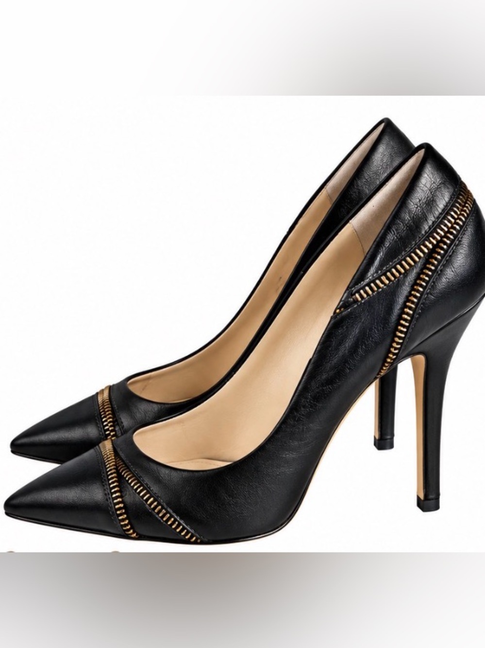 Enzo Angiolini Black Leather Pumps, Pointed Toe, Gold Zipper, Stiletto Heels